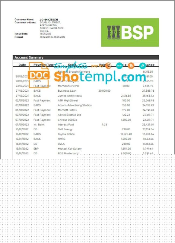 editable template, Papua New Guinea BSP bank statement template in Word and PDF format