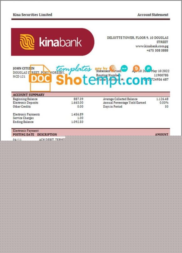 editable template, Papua New Guinea Kina Securities Limites bank statement template in Word and PDF format