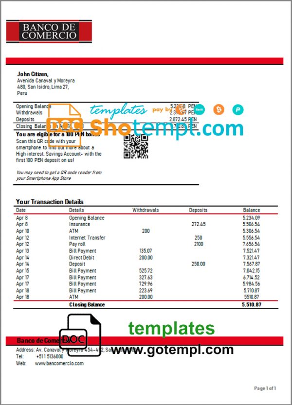 editable template, Peru Banco de Comercio bank statement template in Word and PDF format