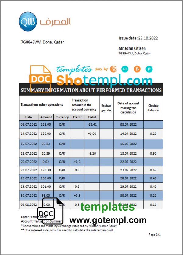 editable template, Qatar Qatar Islamic Bank statement template in Word and PDF format