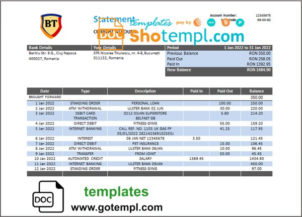 editable template, Romania Banca Transilvania bank statement template in Word and PDF format, version 2