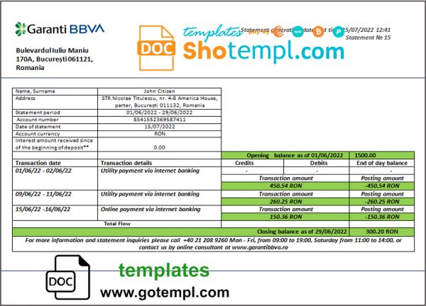 editable template, Romania Garanti BBVA bank proof of address statement template in Word and PDF format