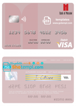 editable template, Russia Bank of Moscow visa debit card, fully editable template in PSD format