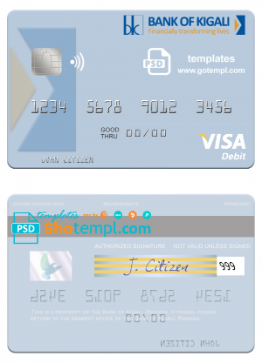 editable template, Rwanda Bank of Kigali visa debit card template in PSD format
