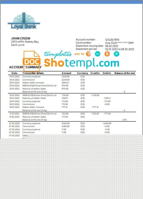 editable template, Saint Lucia Loyal Bank bank proof of address statement template in Word and PDF format