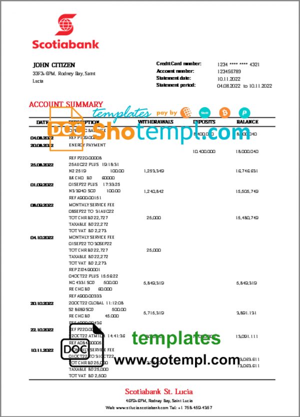 editable template, Saint Lucia Scotiabank bank proof of address statement template in Word and PDF format