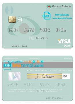 editable template, Salvador Banco Azteca visa debit credit card template in PSD format, fully editable