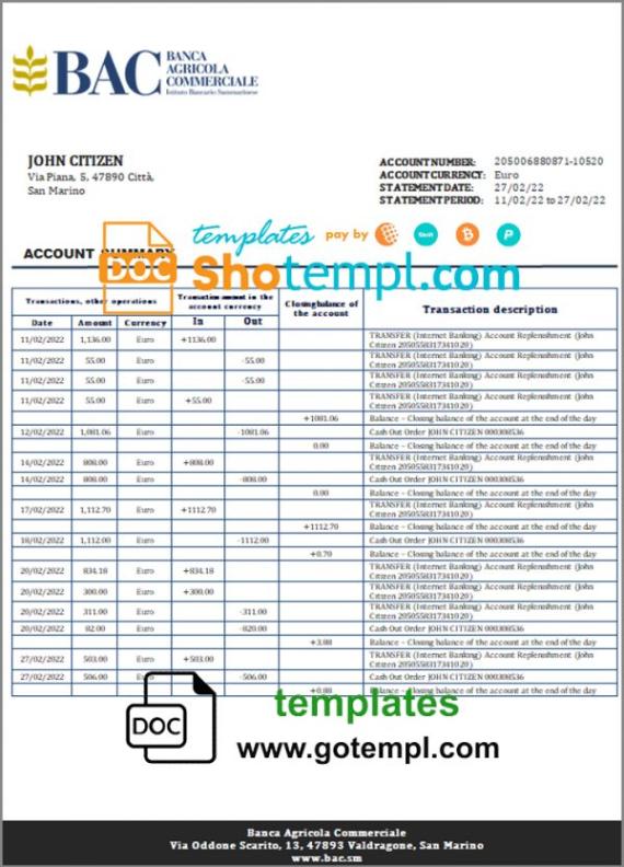 editable template, San Marino Banca Agricole Commerciale bank statement template in Word and PDF format