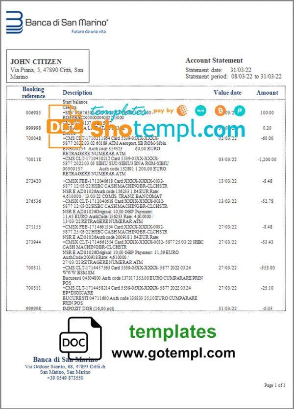editable template, San Marino Banca di San Marino bank statement template in Word and PDF format