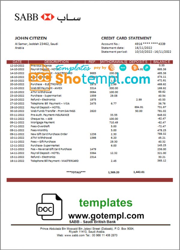 editable template, Saudi Arabia SABB bank statement template in Word and PDF format