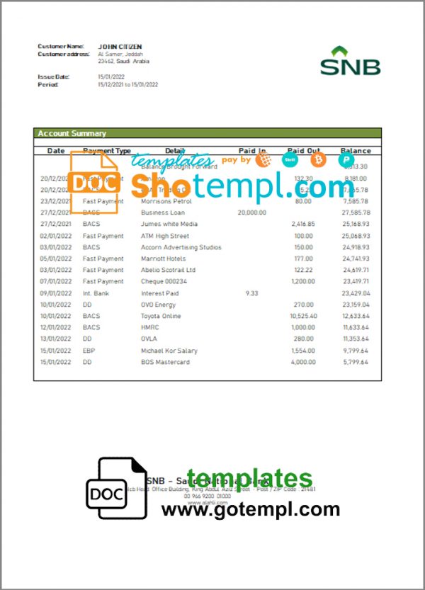 editable template, Saudi Arabia SNB bank statement template in Word and PDF format