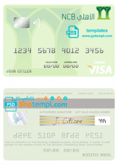 editable template, Saudi Arabia The National Commercial Bank visa debit card template in PSD format