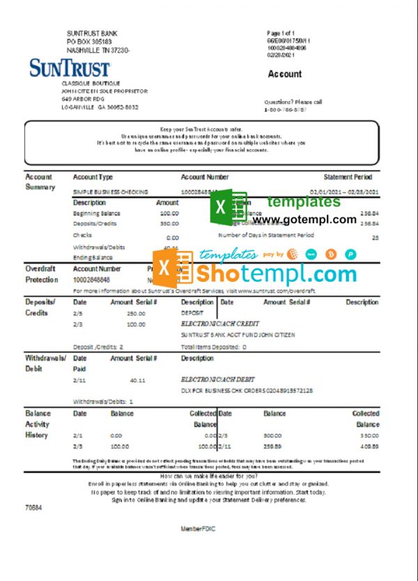 editable template, USA Georgia SunTrust bank proof of address statement template in .xls and .pdf format