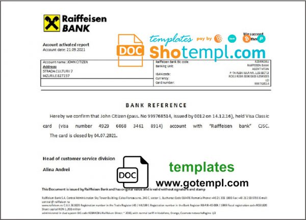 editable template, Romania Raiffeisen bank account closure reference letter template in Word and PDF format