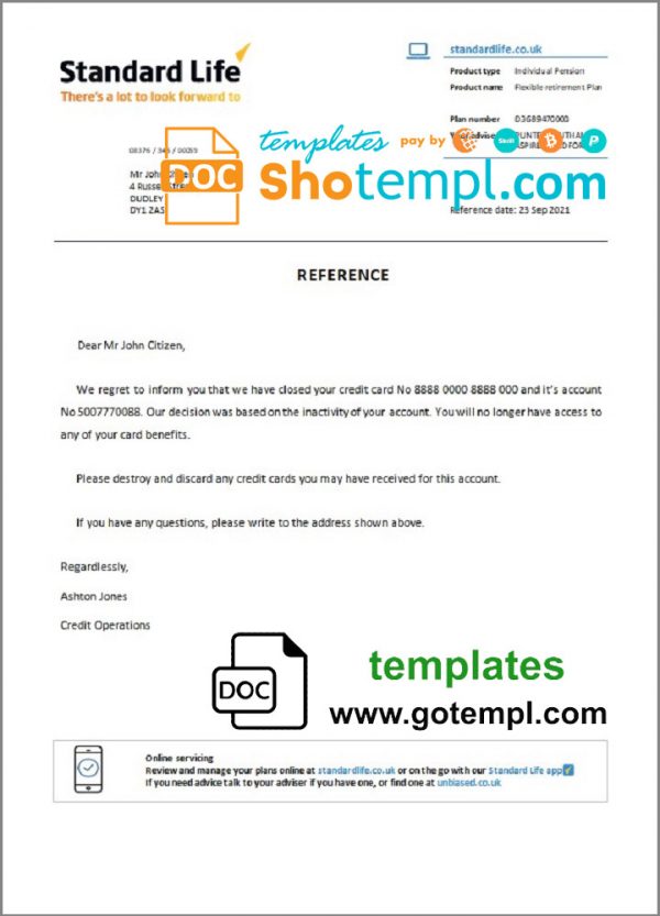 editable template, United Kingdom Standard Life bank account closure reference letter template in Word and PDF format