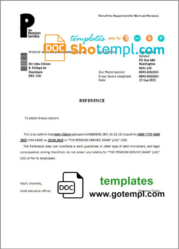 editable template, United Kingdom The Pension Service bank account closure reference letter template in Word and PDF format
