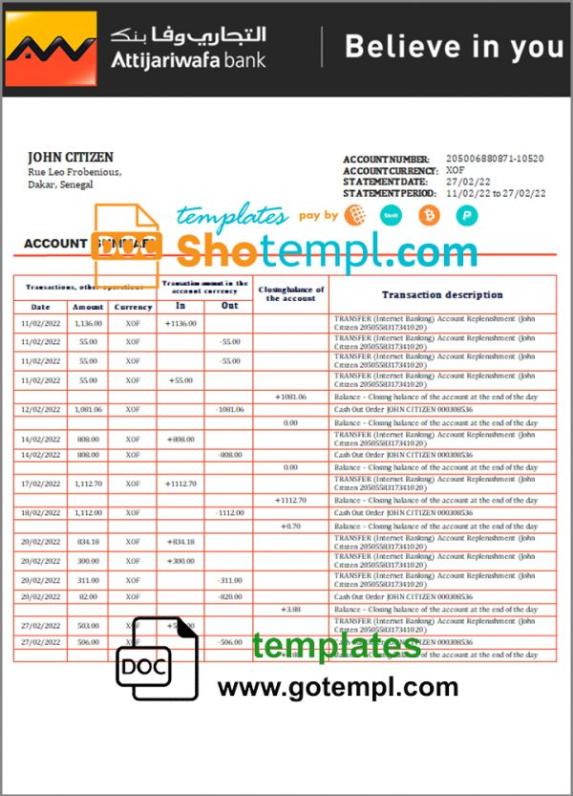 editable template, Senegal Attijariwafa bank statement template in Word and PDF format