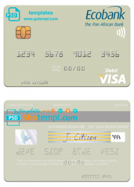 editable template, Senegal Ecobank Sénégal visa debit card template in PSD format