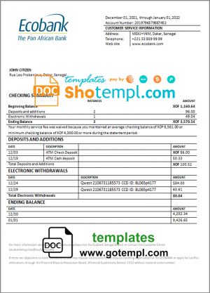Senegal Ecobank bank statement template in Word and PDF format