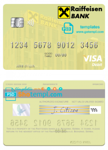 editable template, Serbia Raiffeisen banka a.d. Beograd visa debit card template in PSD format