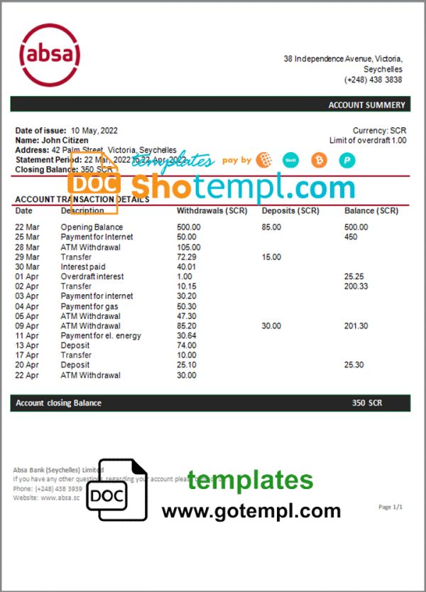 editable template, Seychelles ABSA bank statement template in Word and PDF format