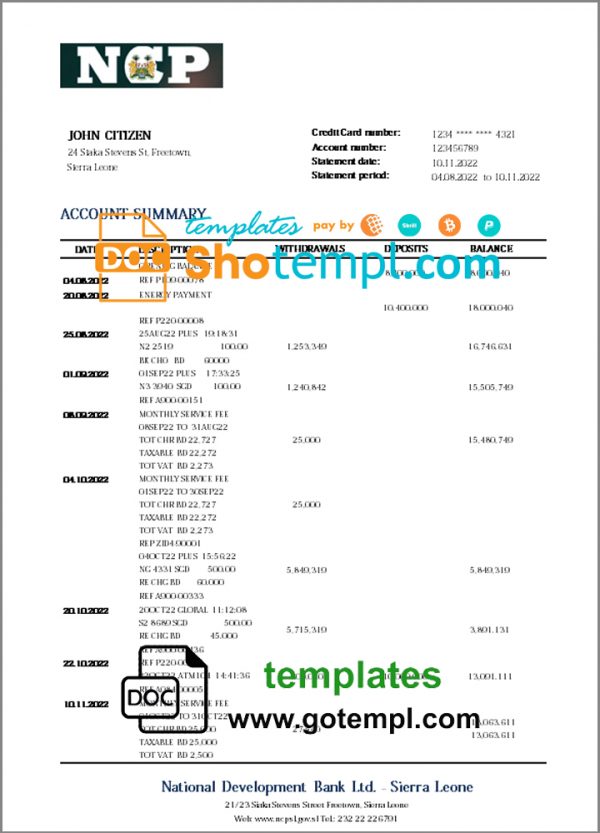 editable template, Sierra Leone National Development bank statement template in Word and PDF format