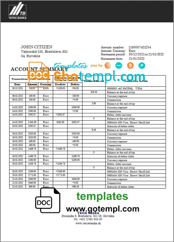 editable template, Slovakia Tatra bank statement template in Word and PDF format