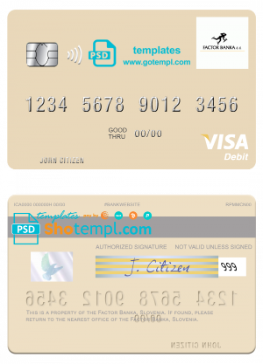 editable template, Slovenia Factor Banka visa debit card template in PSD format