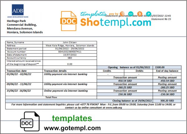 editable template, Solomon Islands ADB bank statement template in Word and PDF format