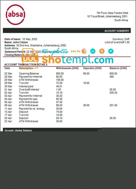 editable template, South Africa ABSA bank statement template in Word and PDF format