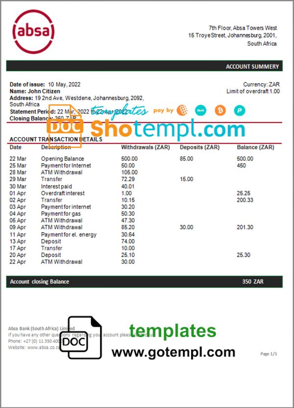 editable template, South Africa ABSA bank statement template in Word and PDF format