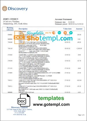 South Africa Discovery bank statement template in Word and PDF format