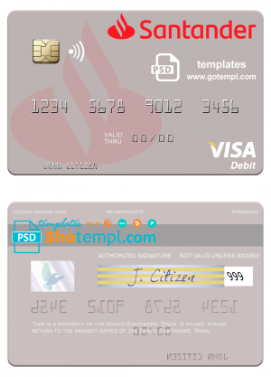editable template, Spain Banco Santander visa credit card template in PSD format