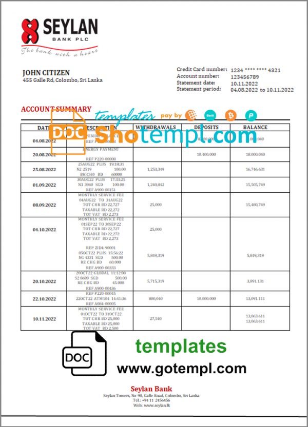 editable template, Sri Lanka Seylan bank statement template in Word and PDF format, version 2