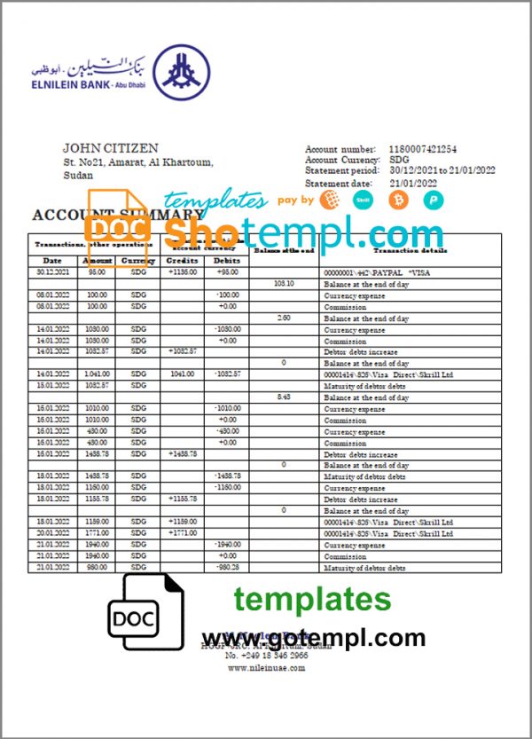 editable template, Sudan Al Neelen Bank bank statement template in Word and PDF format, version 2