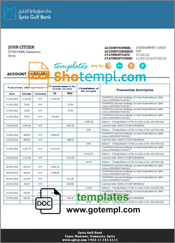 editable template, Syria Gulf Bank statement template in Word and PDF format