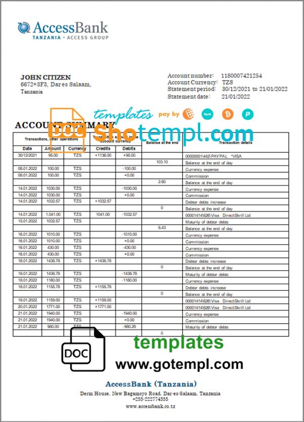 editable template, Tanzania Access Bank statement template in Word and PDF format