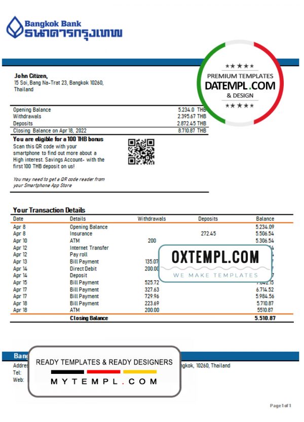 editable template, Thailand Bangkok Bank statement template in Word and PDF format, version 2