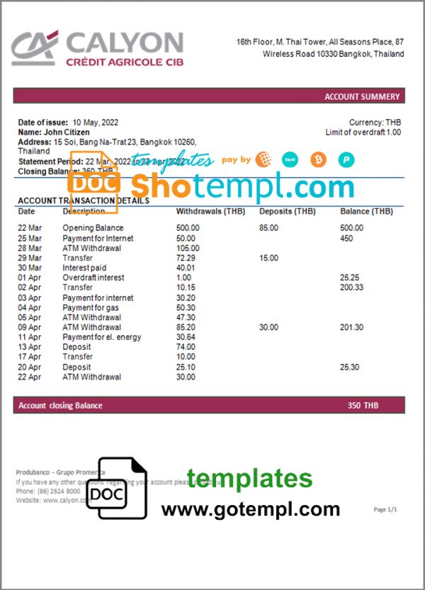 editable template, Thailand Caylon Bank statement template in Word and PDF format
