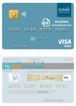 editable template, Togo Ecobank visa debit card template in PSD format