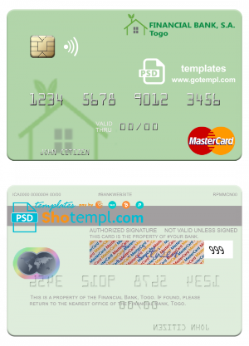 editable template, Togo Financial Bank mastercard template in PSD format