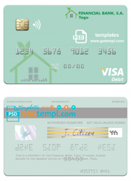 editable template, Togo Financial Bank visa debit card template in PSD format