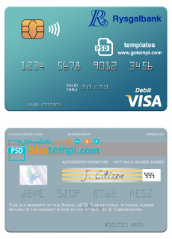 editable template, Turkmenistan Rysgal JSCB visa debit card template in PSD format