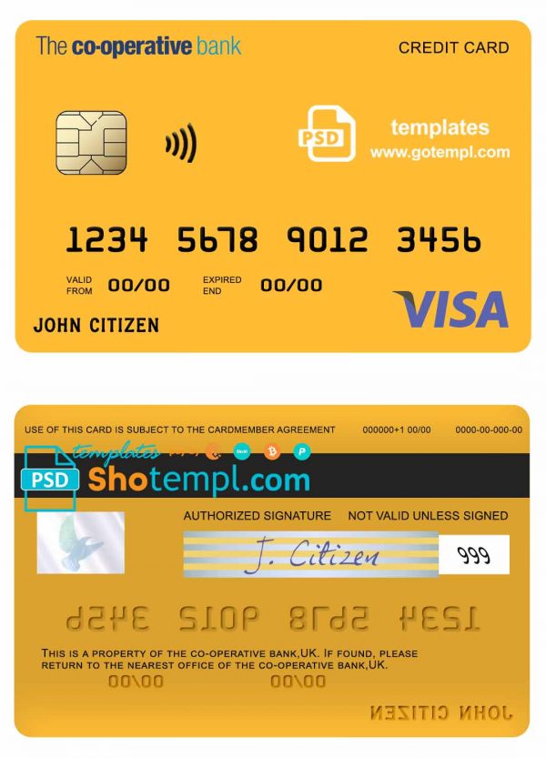 editable template, United Kingdom The Co-operative bank visa credit card template in PSD format, fully editable