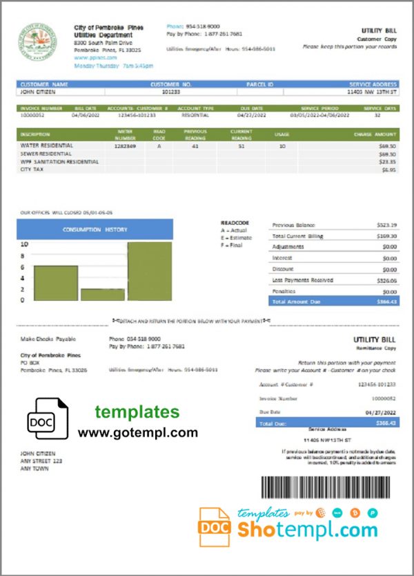 editable template, USA Florida City of Pembroke Pines Utilities Department utility bill template in Word and PDF format