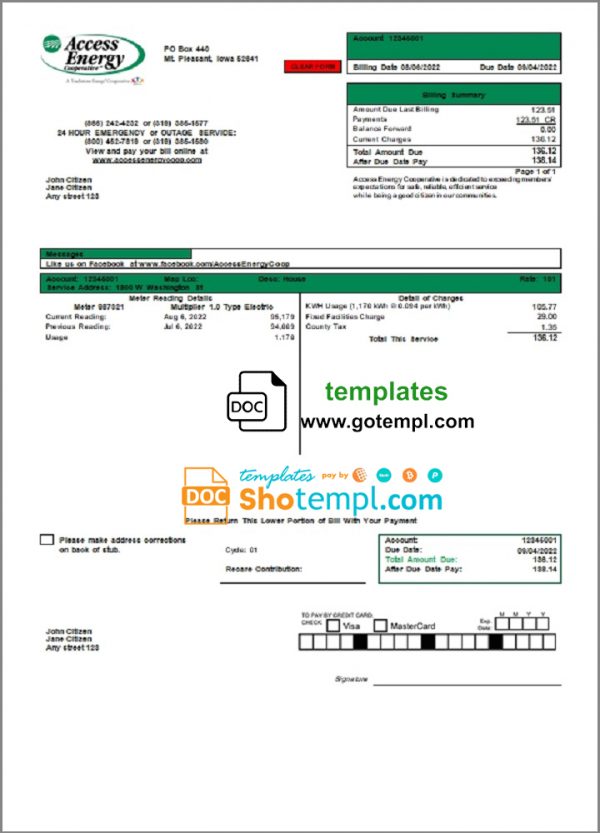 editable template, USA Iowa Access Energy Cooperative utility bill template in Word and PDF format