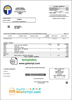 USA Oklahoma City of Tulsa utility bill template in Word and PDF format