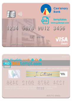 editable template, Uganda Centenary Bank visa debit card template in PSD format