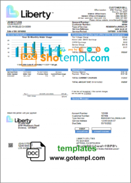 editable template, USA California Liberty Utilities utility bill template in Word and PDF format