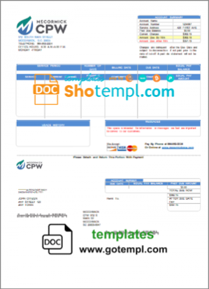 editable template, USA CPW utility bill template in Word and PDF format